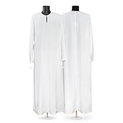 white priest sticharion with silver embroidery on the back and galloon