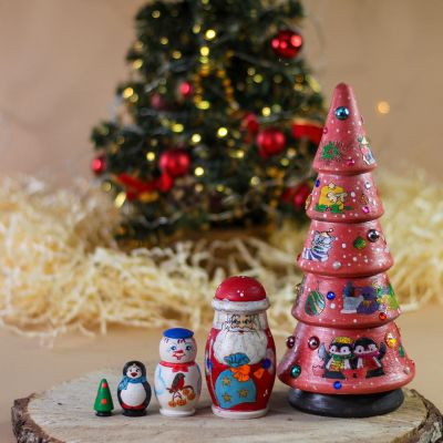 pink Christmas tree nesting doll hand-painted