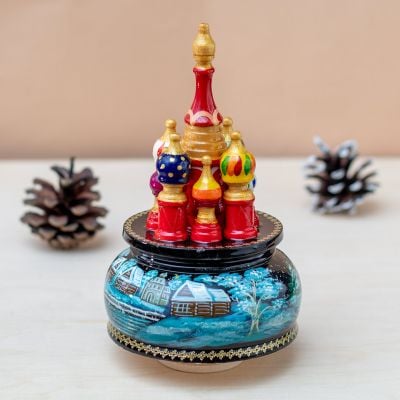Music box with painted picteyr of a winter village