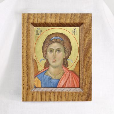 hand-painted icon of Archangel Michael with wooden frame