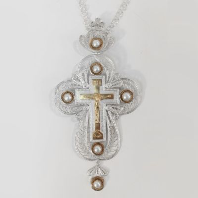 Filigree Pectoral Cross with pearls covered with silver and gold