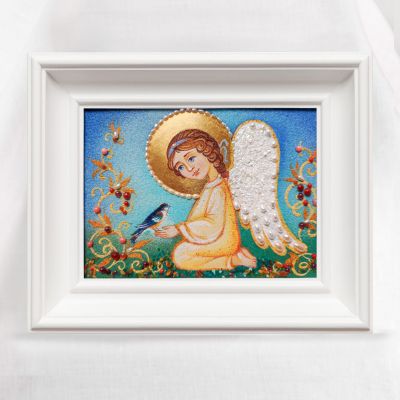 angel in dandelions with a bird semi-precious stones wall picture
