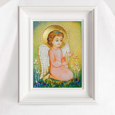 handmade semi-precious stones picture of an angel with a candle with pearls