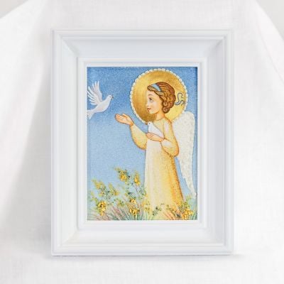 Handmade picture of crushed semi-precious stones of an angel with dove