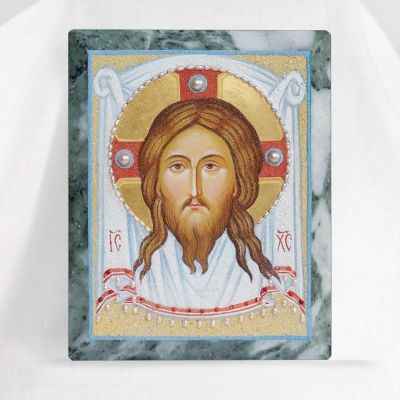 stone marble icon of Christ not made by hand with pearls