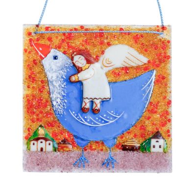 handmade glass panel angel on a bird