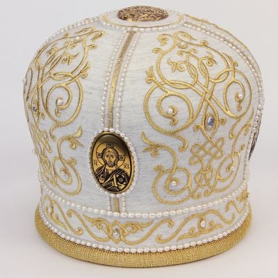 Linen mitre for priests with pearls and icons