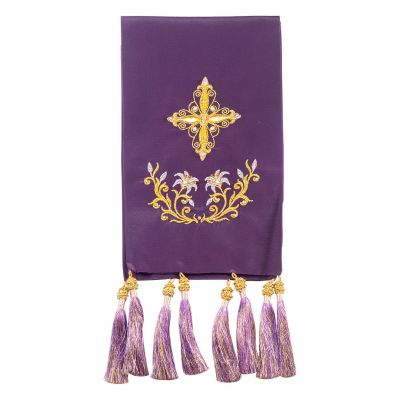 purple bookmark with embroidered cross and lilies with handmade tassels