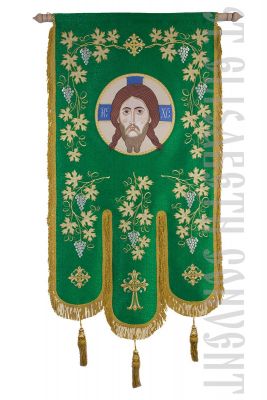 green khorugv with an embroidered icon of the holy savior