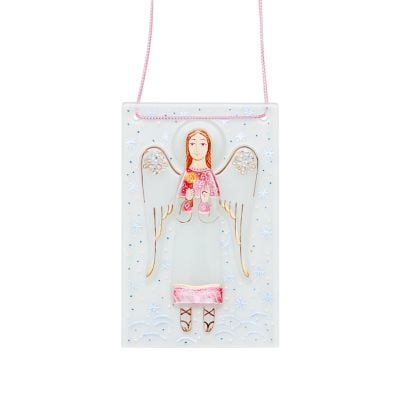 hand-painted glass panel with an angel with a candle