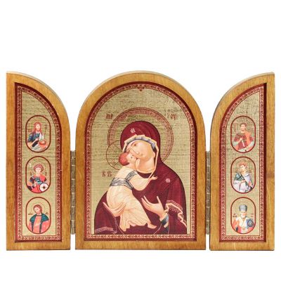 wooden Triptych with icons of Saints and Mother of God and Jesus Christ 