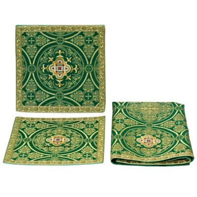 green Chalice Veil, Burse and Pall Altar Set with crosses