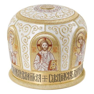 handmade mitre with embroidery and icons Medallions with prayer laser graved