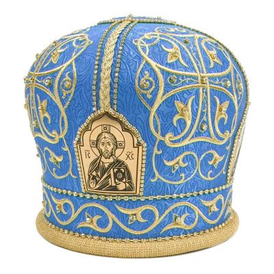 blue handmade mitre with embroidery and icons