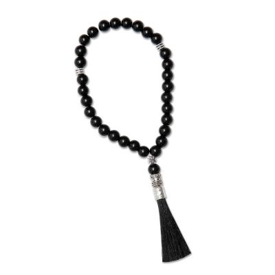 agate prayer rope with a cross and a tassel
