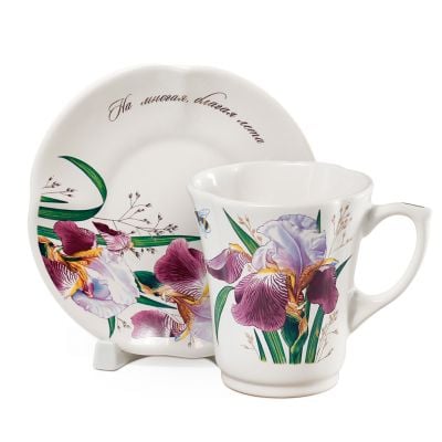 ceramic cup and saucer with irises