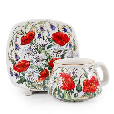 chamomile and poppies and bluebells painted ceramic cup and saucer