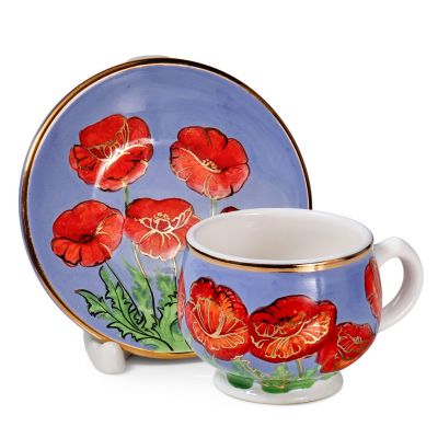 hand-painted cup and saucer set with red poppies and gold elements