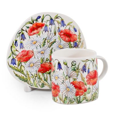hand-painted ceramic cup and saucer set painted with poppies, chamomiles and bluebells
