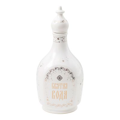 Holy water bottle with golden decal and a top