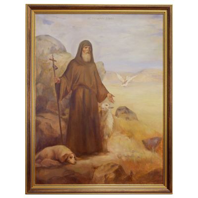 handpainted picture of st. Anthony the Great in the desert with a sheep and dove