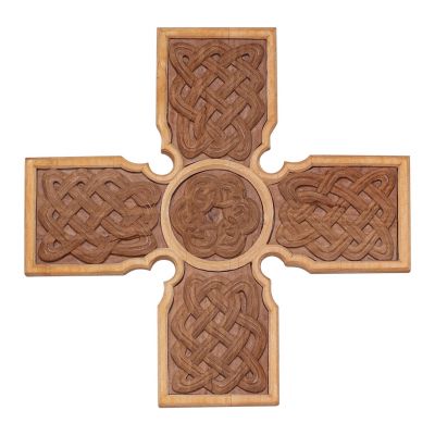wooden handcarved cross from different types of wood in celtic style 