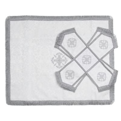 white embroidered chalice covers and veil with embroidered crosses
