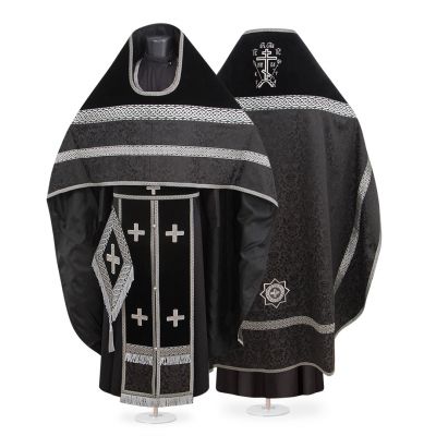 Black velvet and decorative Russian-style priest vestment with crosses and Golgotha