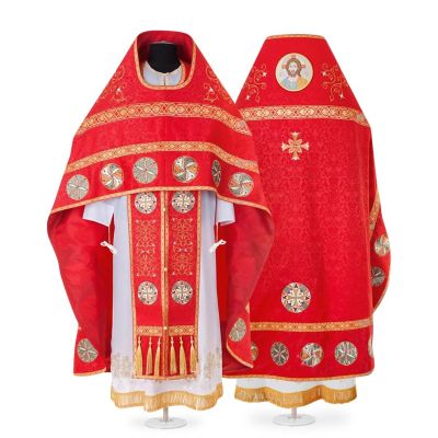 red Russian-style Priest vestment with embroidered flowers and Medallion of Jesus Christ