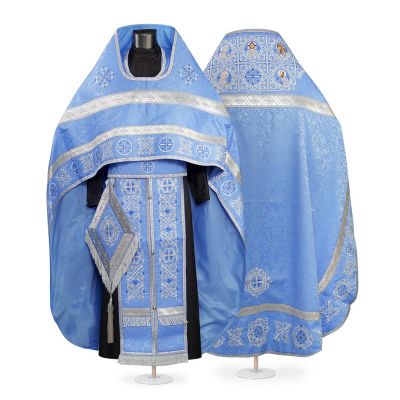 blue decorative priest vestment with embroidered Paschal patterns with Saints