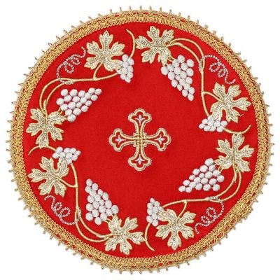 red silk Table Cross napkin with embroidred grapes and cross