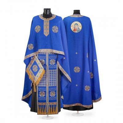 blue gabardine Greek-style priest vestment with embroidery and Theotokos Medallion
