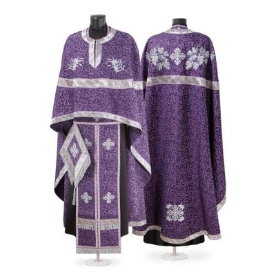purple and silver Greek style vestment with embroidered grapes and lilies and crosses