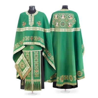 red gabardine Greek-style priest vestment with Paschal embroidery with Saints