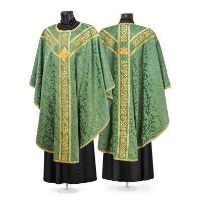 catholic chasuble with embroidered patterns and cross with galloon