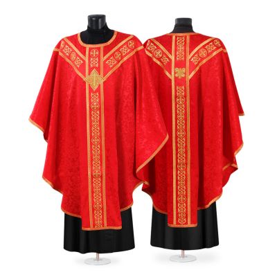 catholic chasuble with embroidered patterns and cross with galloon