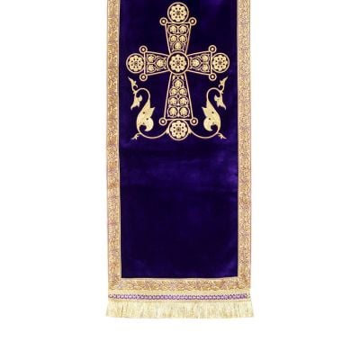 purple velvet analogion cover with embroidered cross and tassels