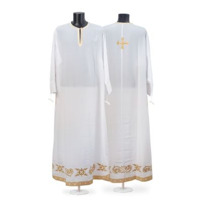 white coshibo priest sticharion with embroidery and galloon
