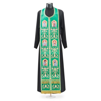 green epitrachelion with embroidered ornament and icons