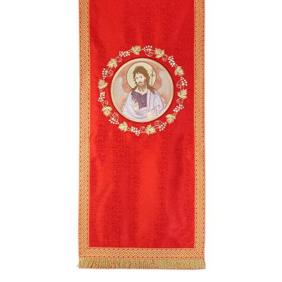 red silk analogion cover with sewn icon of the John the Baptist and grapes embroidery