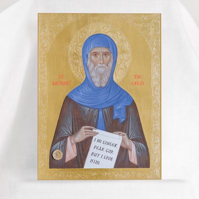 Anthony the Great hand-painted icon with graved patterns