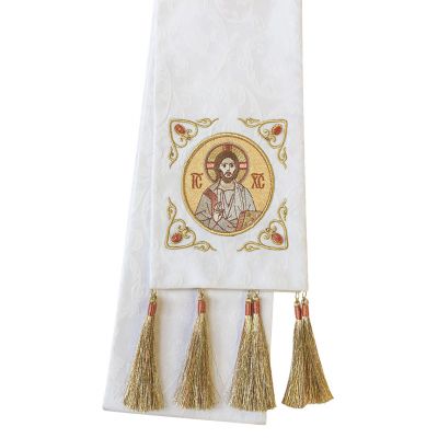 handmade white Epistle bookmark with sewn icon of Jesus and stones with tassels