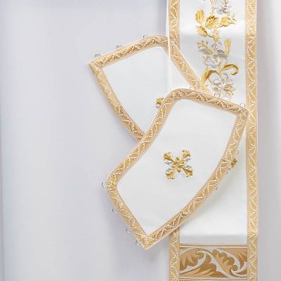 white deacon orarion with cuffs embroidered with lilies