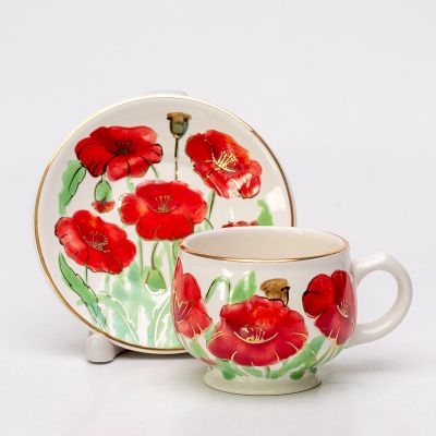 cup and saucer set poppy summer flower 
