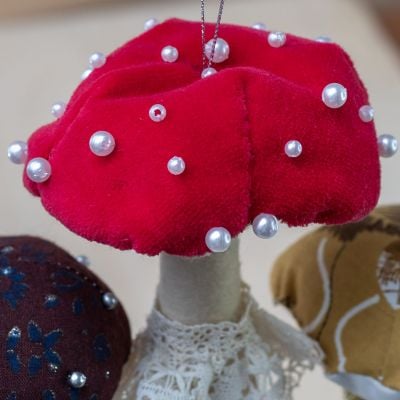 hanging Christmas decorations mushrooms made from fabric