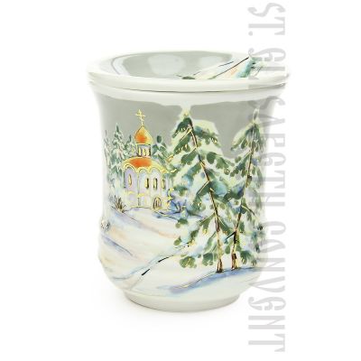 Handpainted Lid Mug with bullfinches on a spruce branches