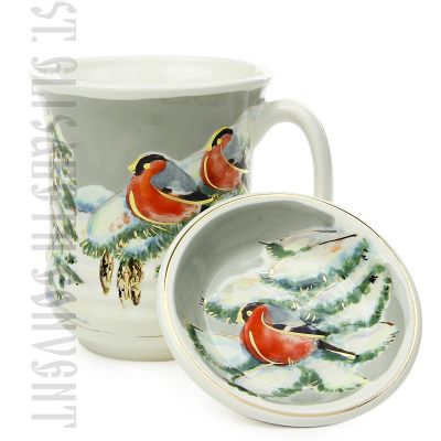 Handpainted Lid Mug with bullfinches on a spruce branches
