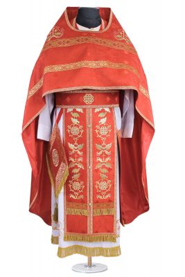 Red Russian-Style Priest Vestment with Golden Old Russian Embroidery