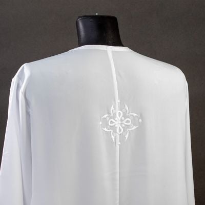 white priest sticharion with silver embroidery on the back and galloon