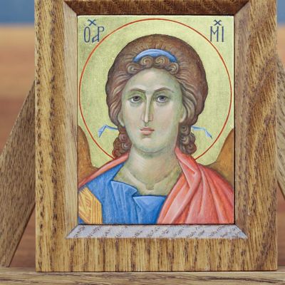 hand-painted icon of Archangel Michael with wooden frame